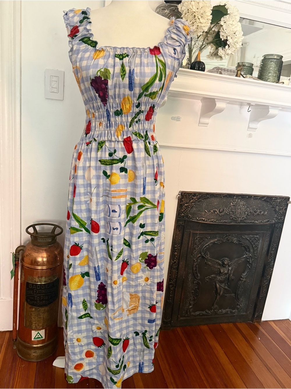 Lisa Says Gah Smocked Blue Check Midi Dress with Picnic Alfresco Print